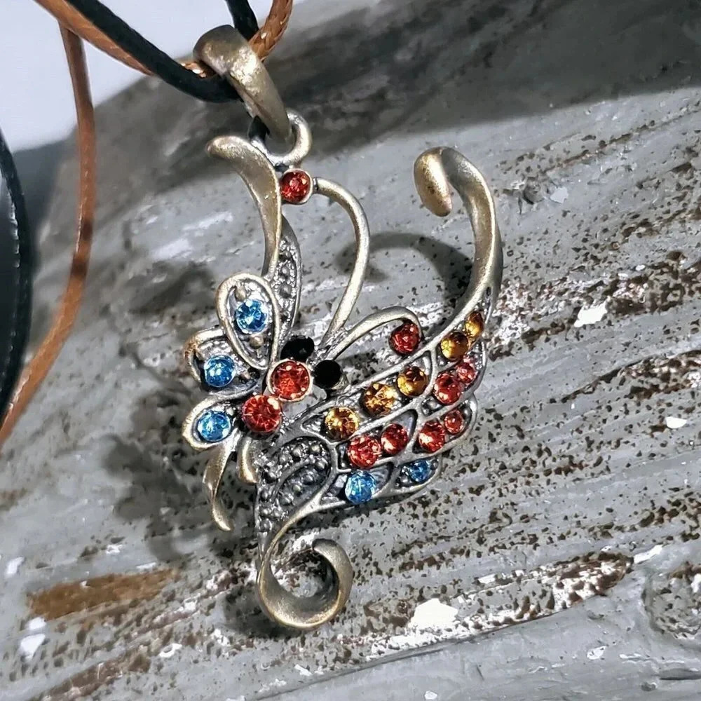Rustic Antique Bronze Rhinestones Art Nouveau Pendant Necklace Vegan Leather - Picture 3 of 10